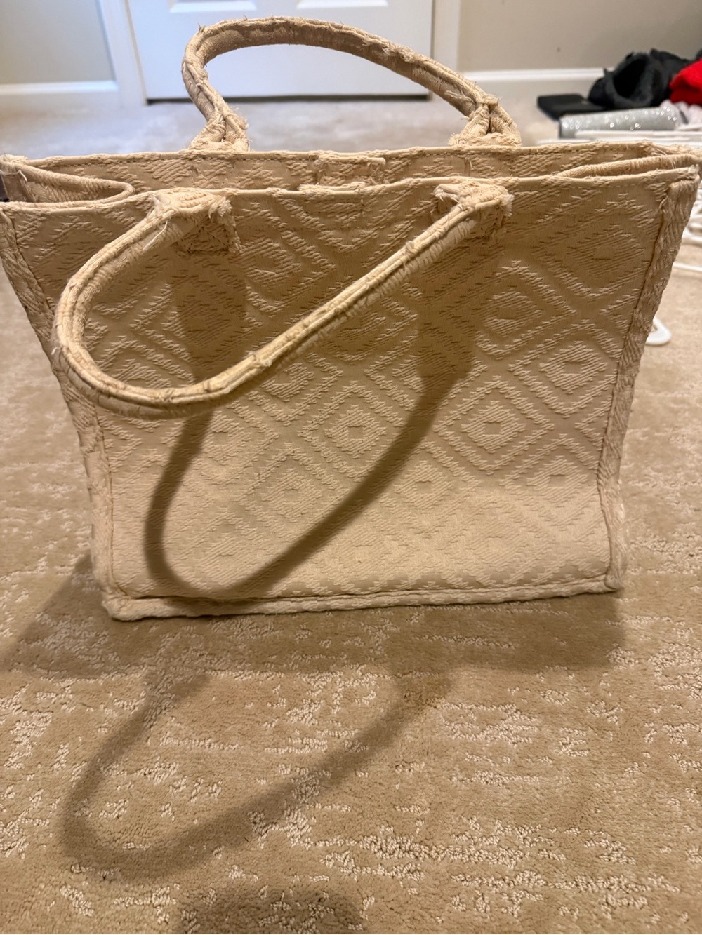 Woven Cream Diamond-Pattern Tote Bag with Top Handles